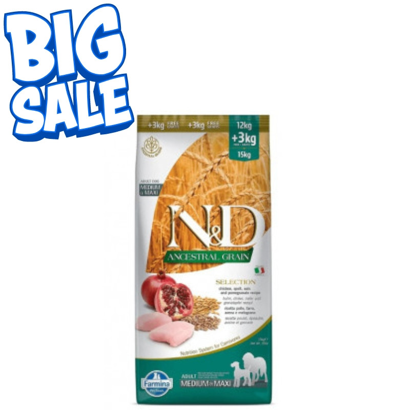 N and D Farmina Medium and Maxi Ancestral Grain Adult Dog Food 12 Kg+3 kg N and D Farmina Medium and Maxi Ancestral Grain Adult Dog Food 12 Kg+3 kg