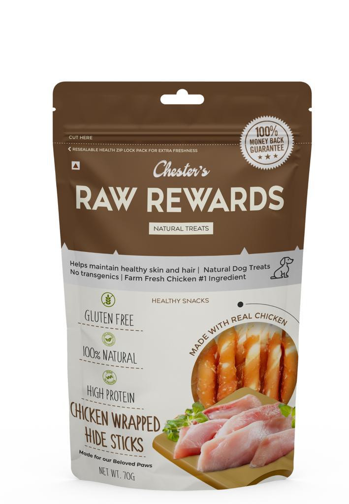 Chester's Raw Rewards Chicken Wrapped Hide Sticks 70 gm Chester's Raw Rewards Chicken Wrapped Hide Sticks 70 gm